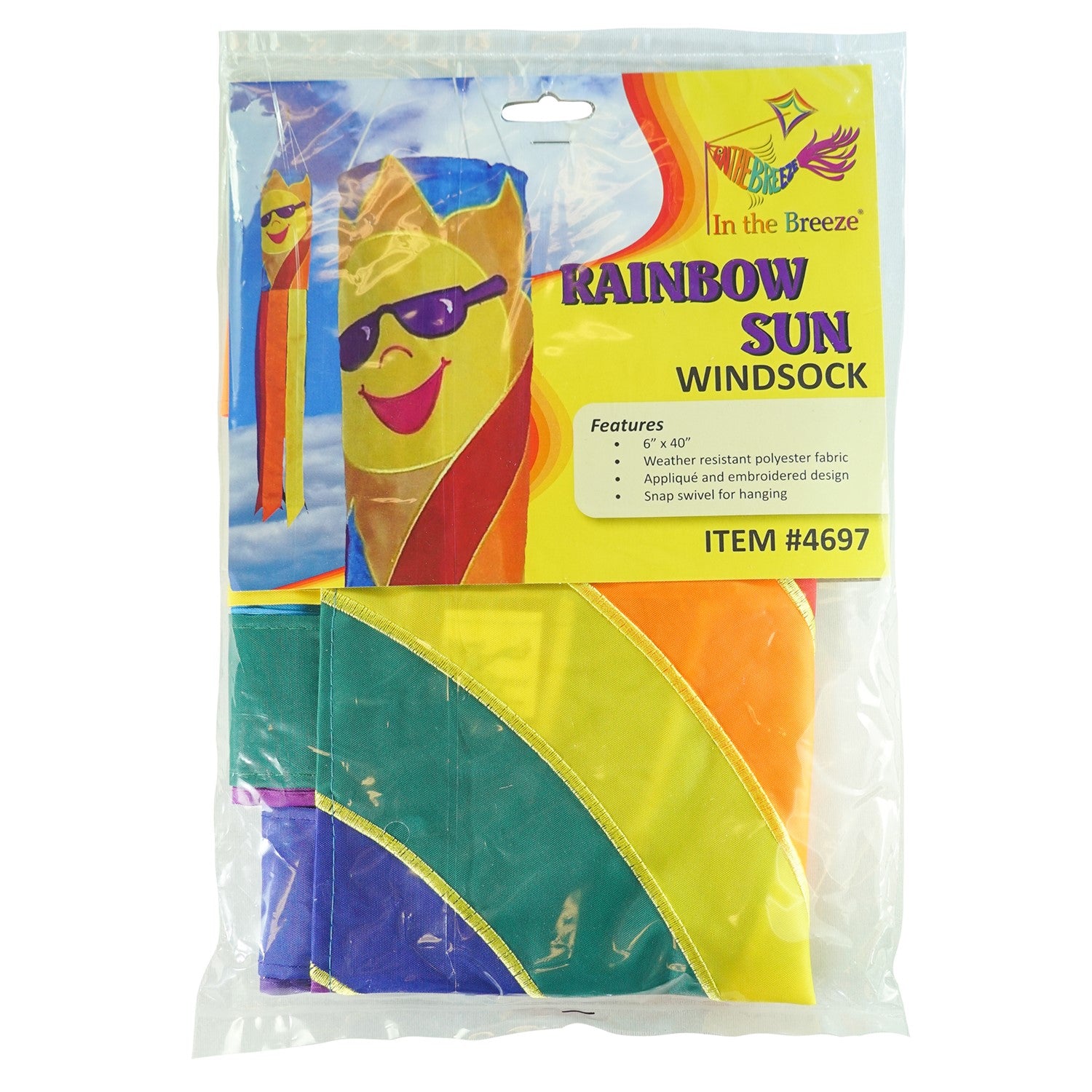 Rainbow Sun 40 inches windsock displaying bright, colorful sun design with eight fluttering tails, hanging in a garden setting.