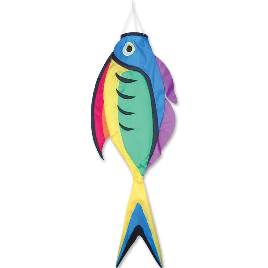 Rainbow Surgeon Fish windsock, 36-inch colorful design in motion hanging from a flagpole in a vibrant garden setting.