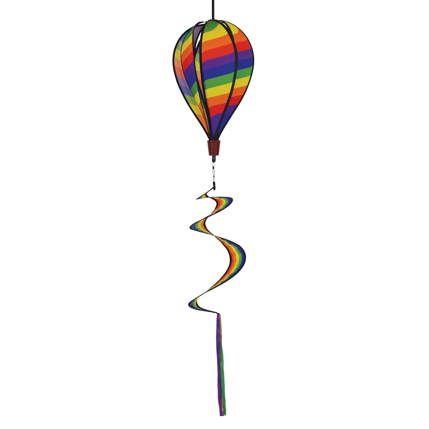 Rainbow Swirl 6-Panel Hot Air Balloon garden spinner in vibrant colors, spinning gently in a light breeze, hanging from a decorative hook.