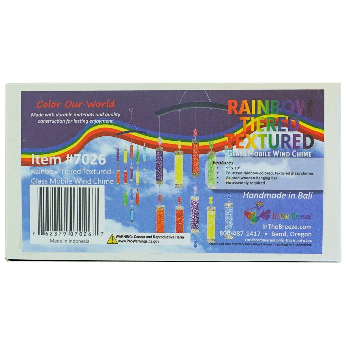 Rainbow Textured Tiered Glass Mobile Wind Chime featuring vibrant glass pieces and beads hanging in sunlight, creating a colorful display outdoors.