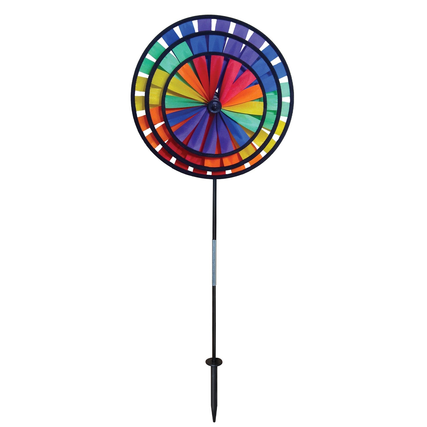 Rainbow Triple Wheel Spinner made with colorful wheels and sturdy fiberglass frame, beautifully spinning outdoors for garden charm and fun.