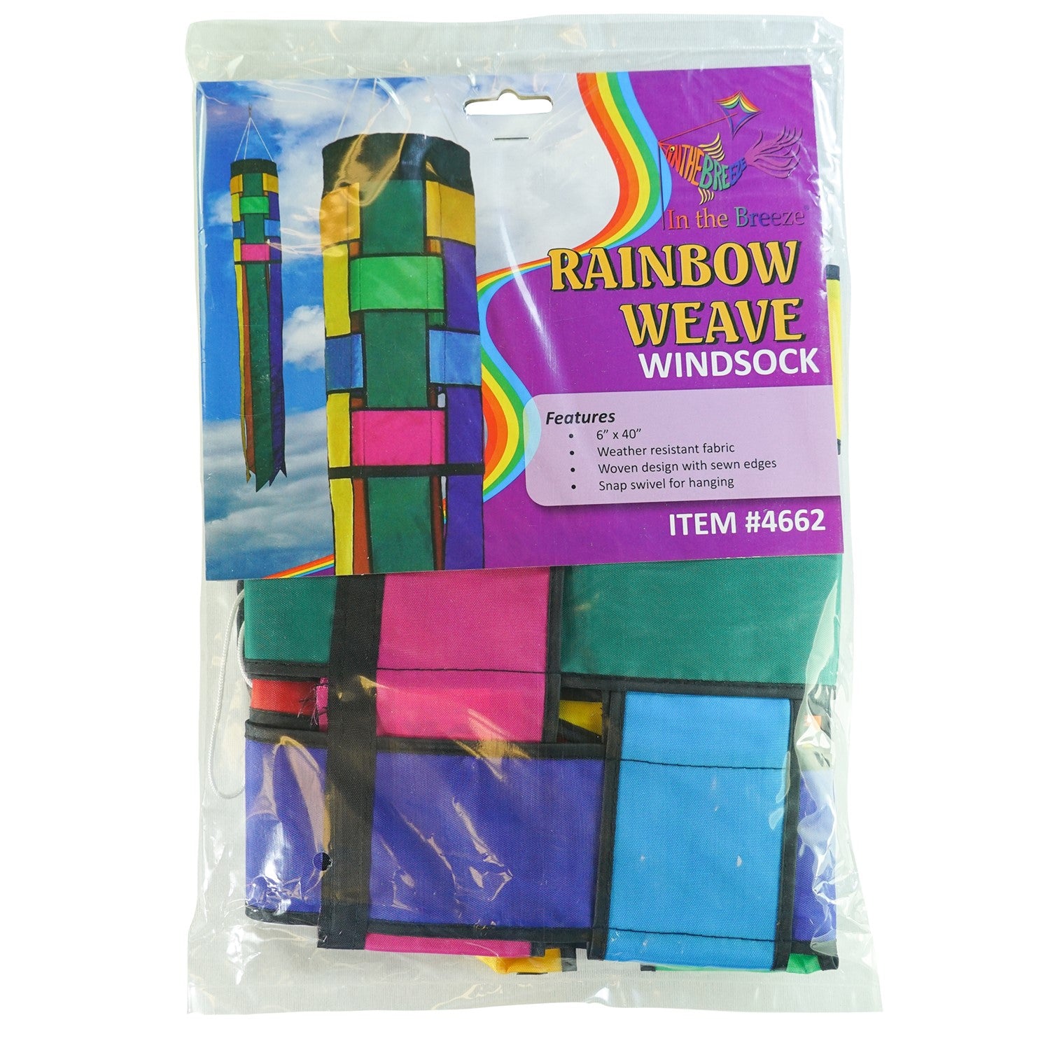 Colorful Rainbow Weave 40" Windsock with black edging and fluttering tails displayed outdoors, showcasing vivid colors against the backdrop.