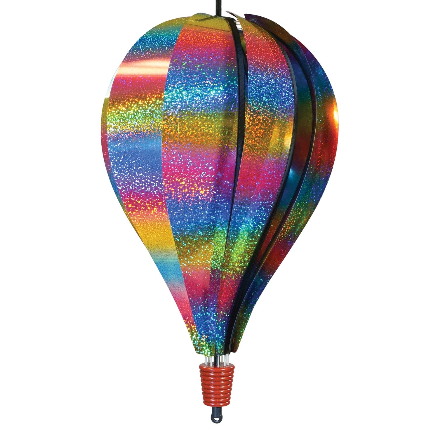 Rainbow Whirl 10-Panel Hot Air Balloon spinner with a sparkling Mylar design, displaying vibrant colors in a garden setting.