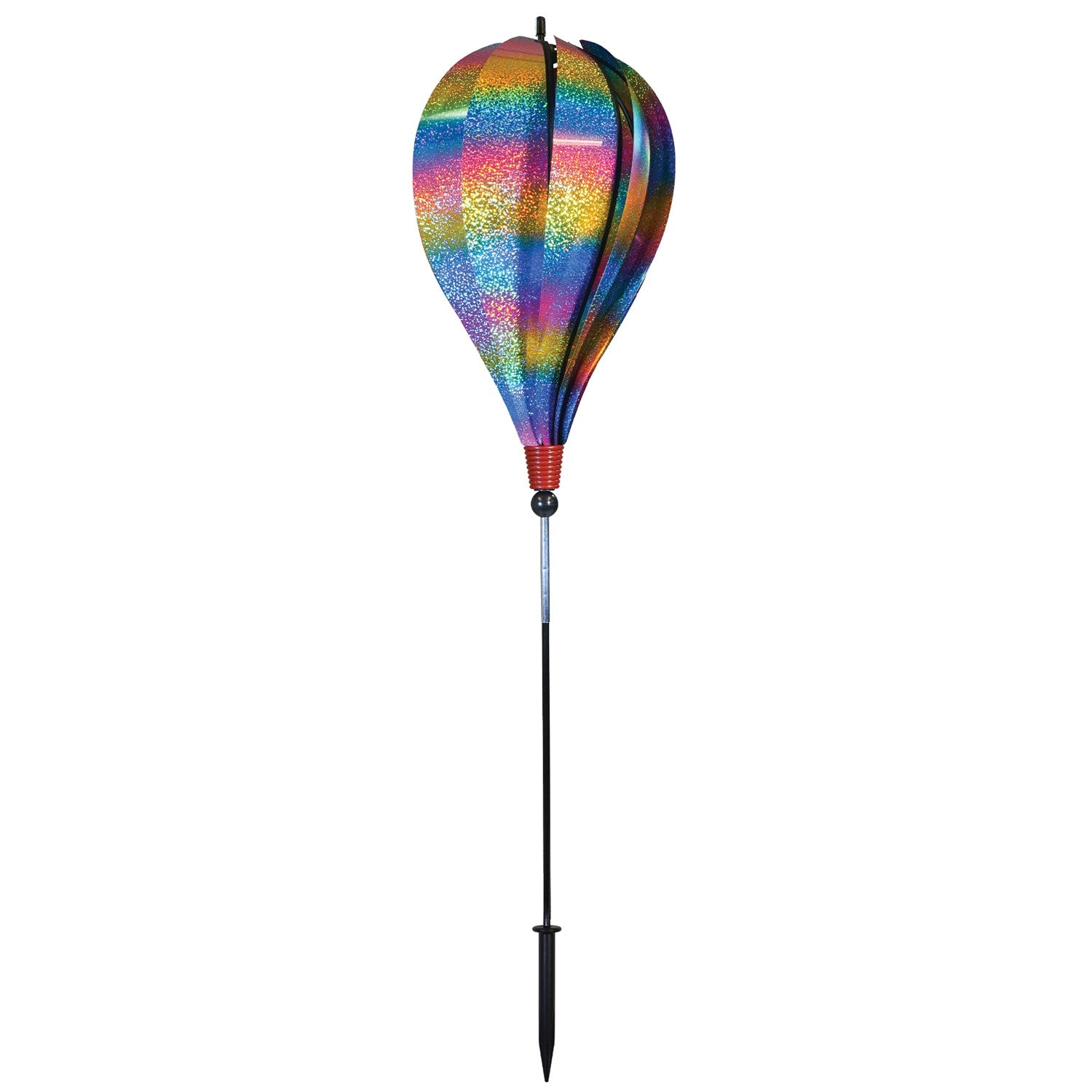 Rainbow Whirl 10-Panel Hot Air Balloon Ground Spinner with vibrant Mylar panels spinning gracefully in an outdoor garden setting.