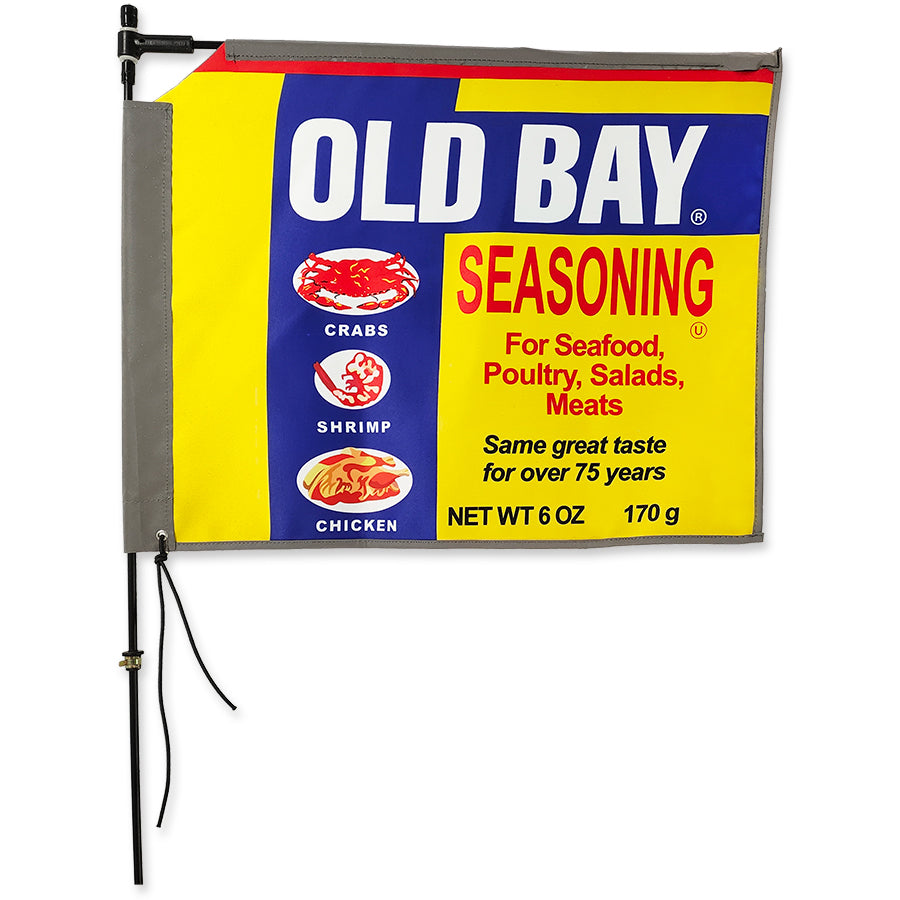 Rectangular Bike Flag with Old Bay design, colorful and durable, displayed on a bike for outdoor visibility and safety.