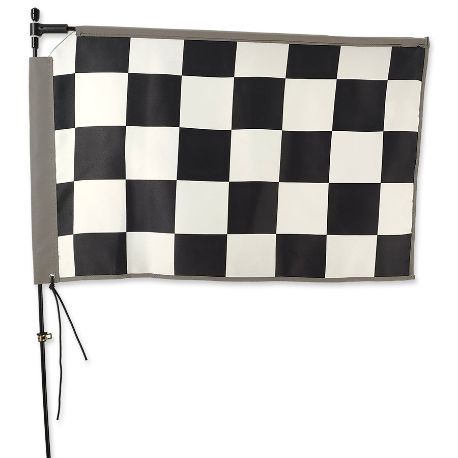 Rectangular Bike Flag - Racing Checks, 21.25x14 inches, features bright racing check design on durable fabric, mounted on a 6 ft. pole for cycling visibility.