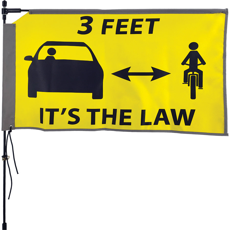Rectangular Bike Flag measuring 21.25 x 14 inches on a 6 ft fiberglass pole, colorful design with high-visibility reflective edges.
