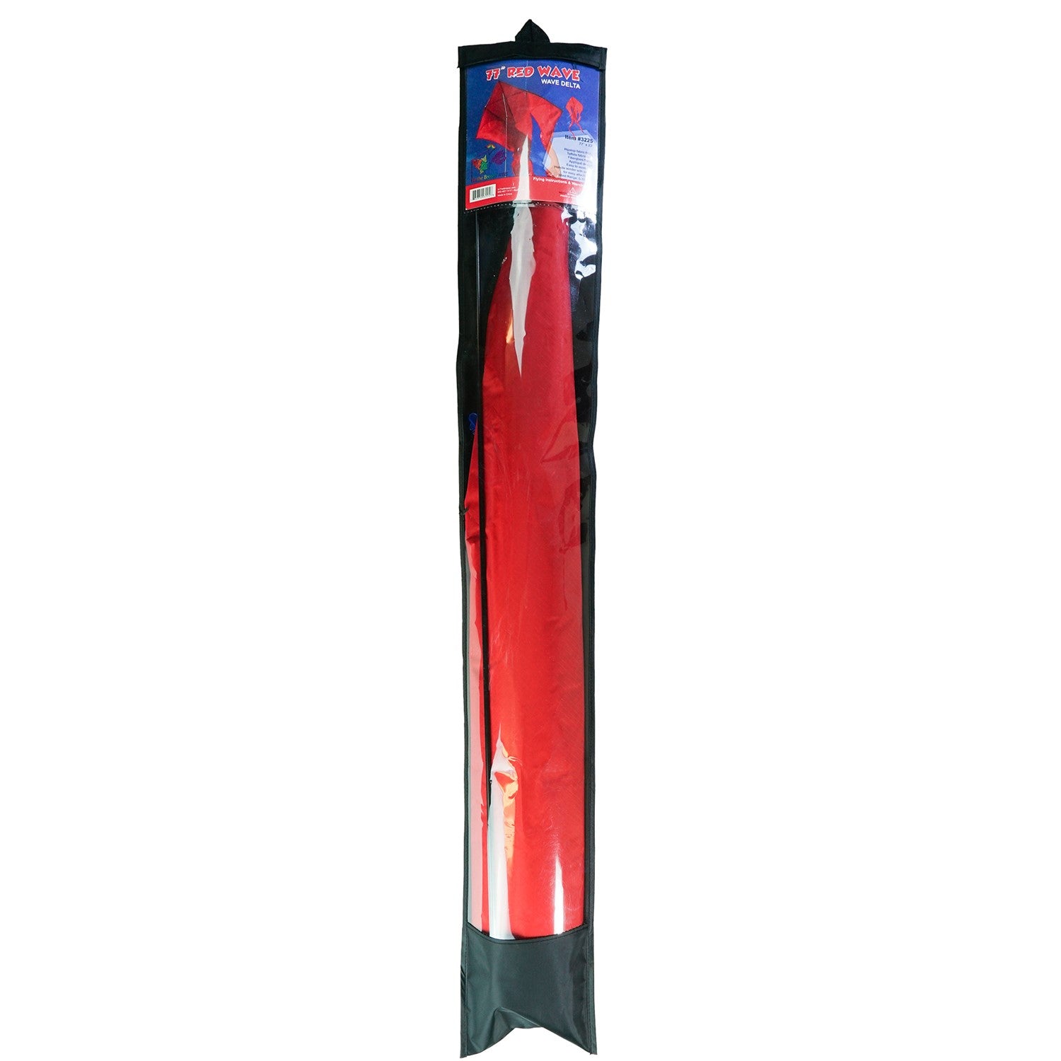 Red 77' Wave Delta Kite soaring in the sky with long flowing tails visible, showcasing its vibrant color and impressive size against a clear backdrop.