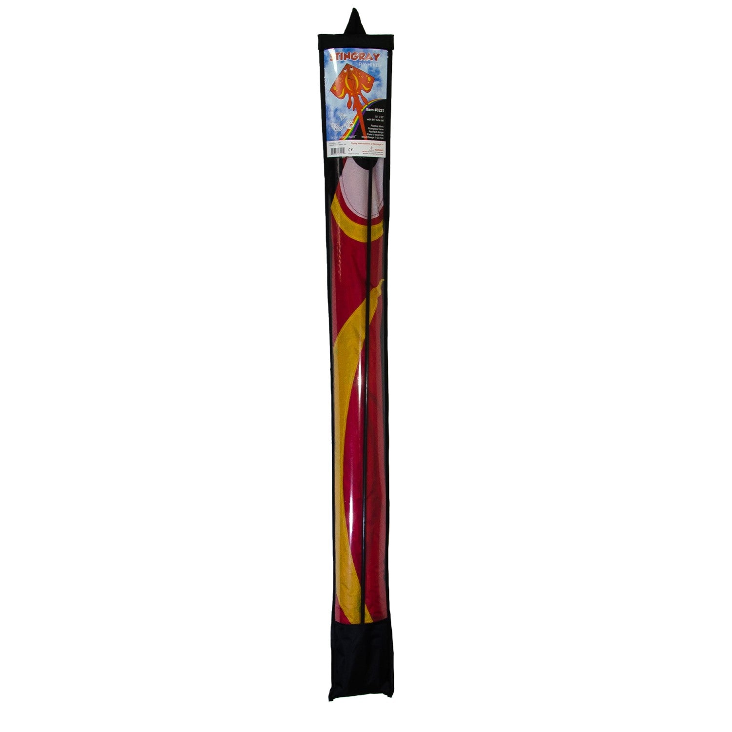 Red Stingray Kite soaring high against a bright blue sky, showcasing its vibrant colors and detailed applique design while flying peacefully.