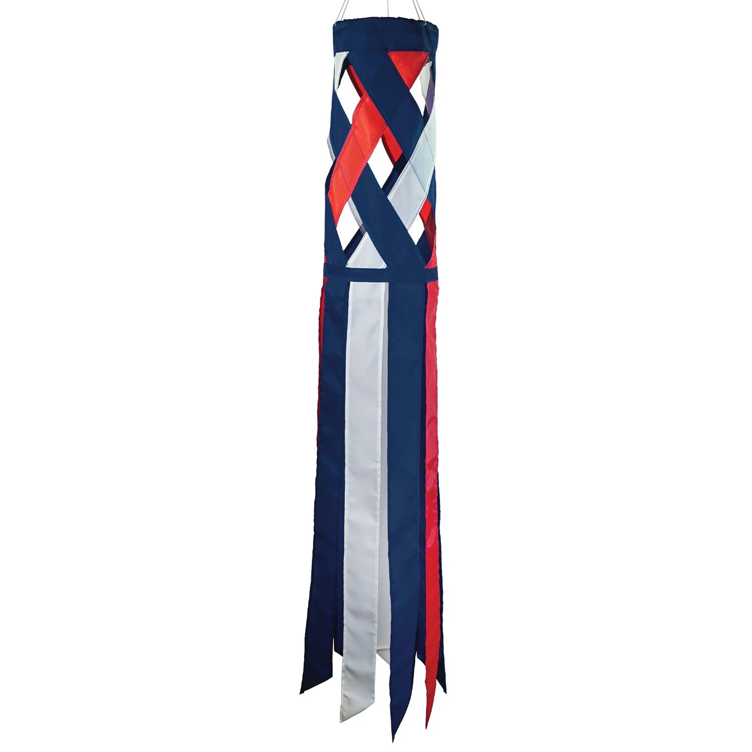 40-inch Red, White & Blue Diagonal Weave Windsock hanging outdoors, showcasing vibrant colors fluttering in the breeze.