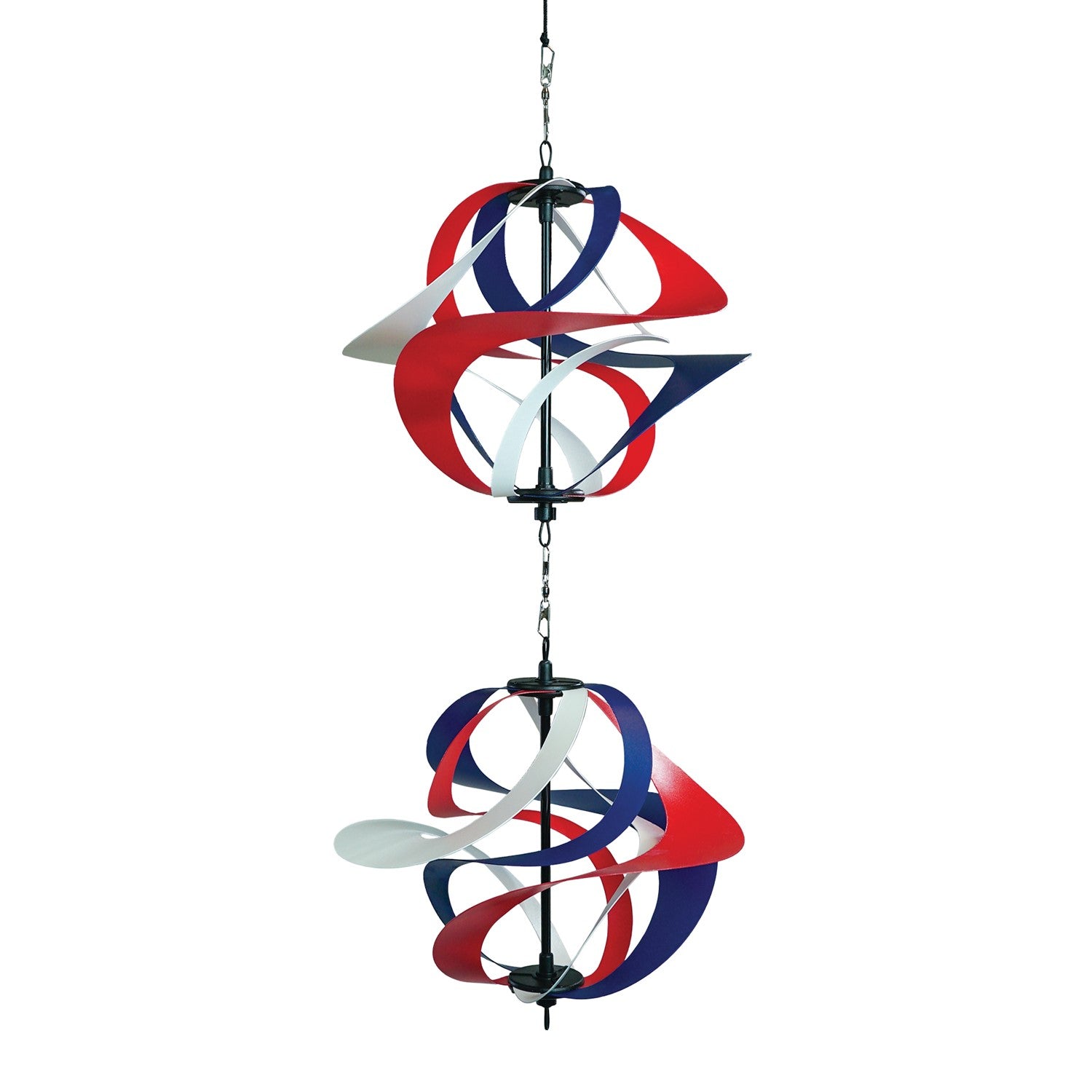 Red, White and Blue Poly Vortex Double Spinner featuring interconnected spirals, swirling in the wind, enhancing outdoor decor with patriotism.