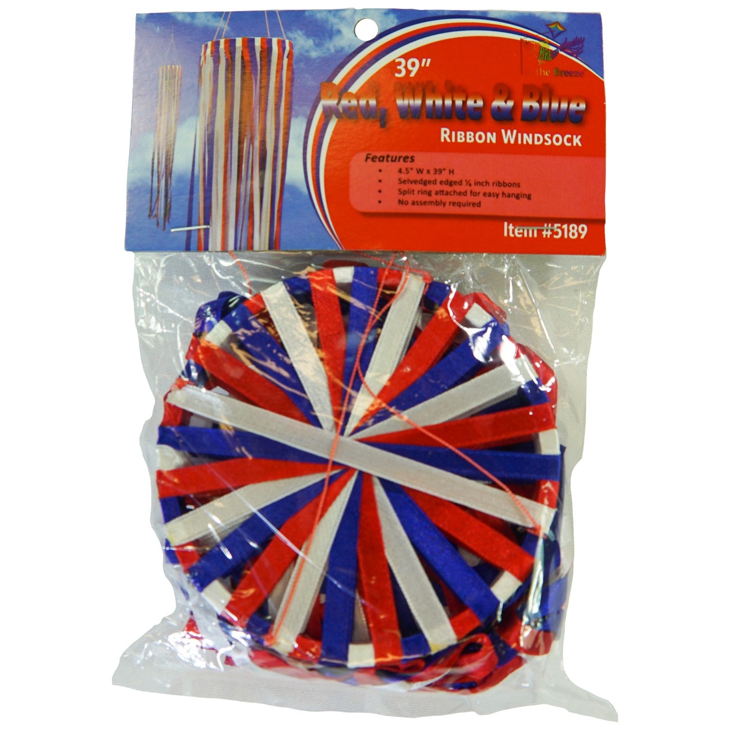 39\" Red, White & Blue Ribbon Windsock showcasing shiny satin ribbons in a festive garden setting, enhancing outdoor patriotic decor.