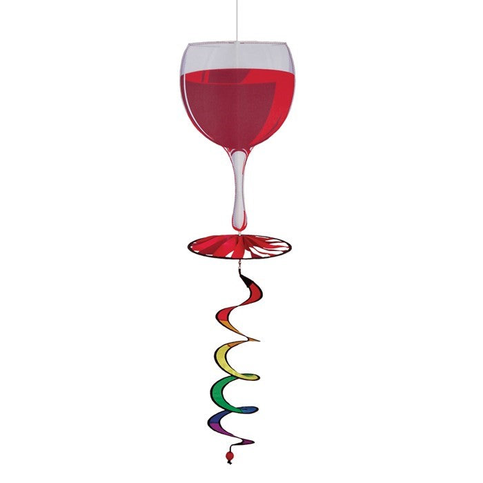 Red Wine 5 O'Clock Spinner featuring an 8-inch colorful design that replicates a red wine glass, spinning gracefully with a curlie tail for outdoor decor.