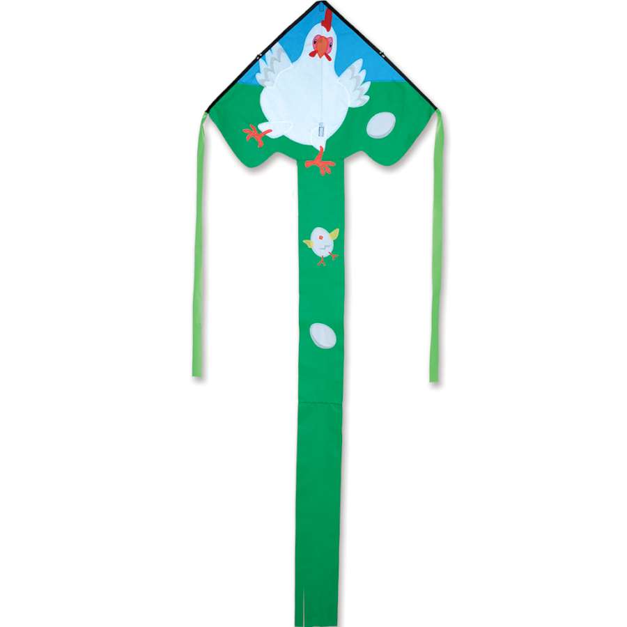 Reg. Easy Flyer Kite with colorful Gracie Hen design demonstrating vibrant flying capability in a bright blue sky.