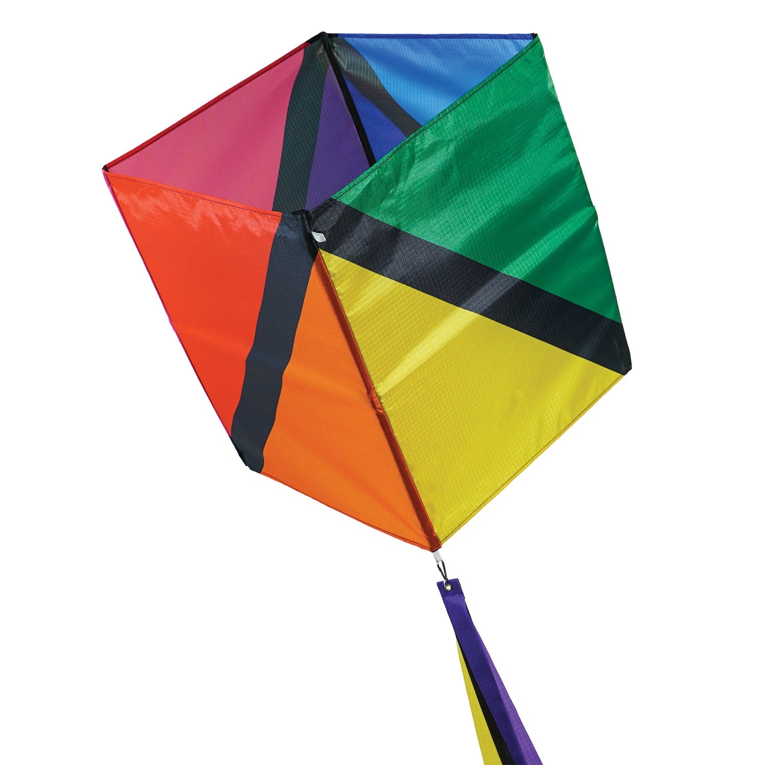 Revel Single Box Kite soaring high in a clear blue sky, featuring vibrant rainbow colors and 12-foot tails, designed for easy flying.