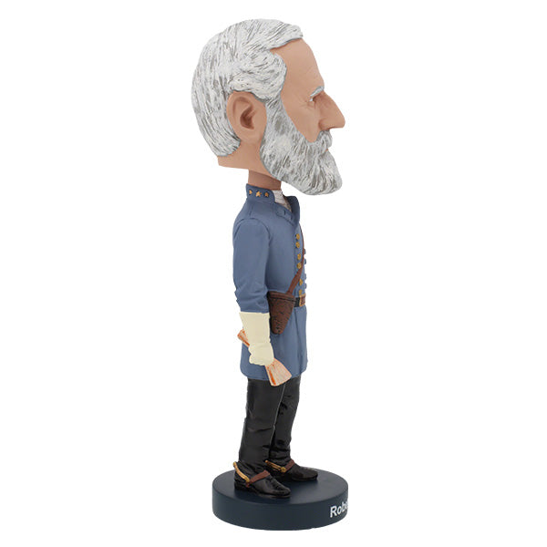 Robert E. Lee bobblehead showcasing intricate details, dressed in a military uniform, standing on a decorative base in a collector's box.