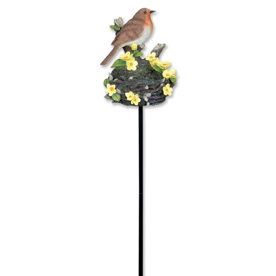 Portable robin bird feeder made from durable polyresin with collapsible poles, featuring a vibrant design to attract birds in a garden setting.