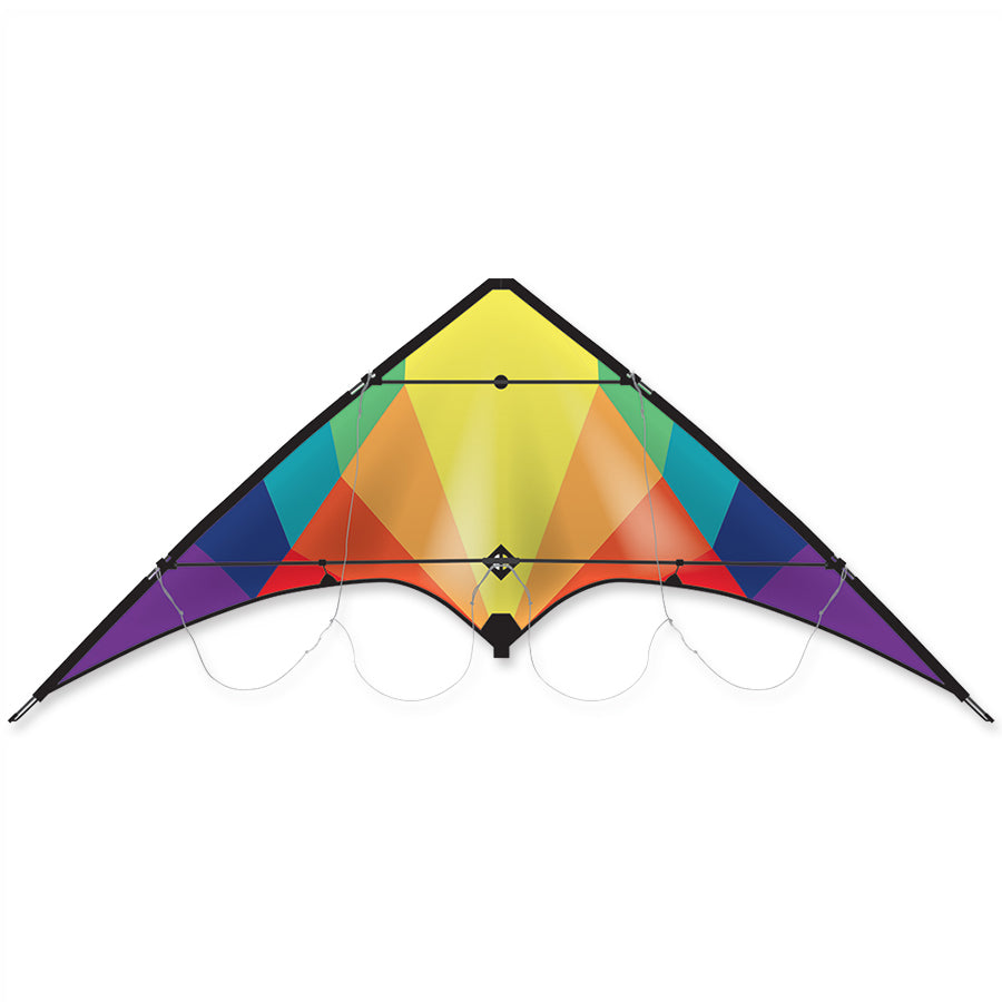 Rocket HP Sport Kite in vibrant rainbow colors, measuring 70x36 inches, soaring in the sky against a blue backdrop.
