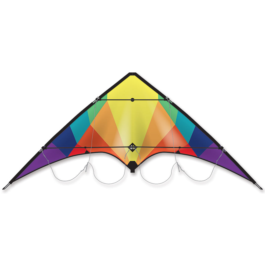Rocket Sport Kite with a colorful rainbow design soaring in the sky, measuring 69 x 36 inches, perfect for beginners and outdoor fun.