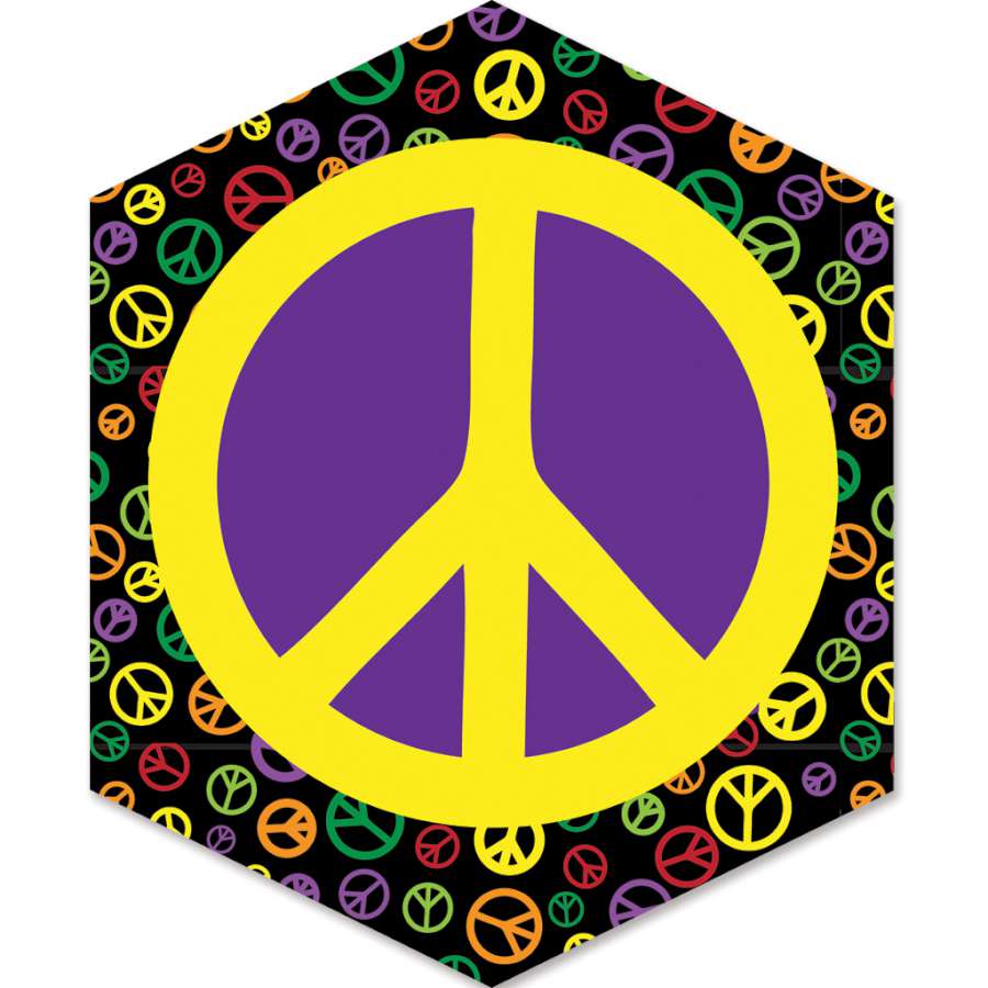 Rokkaku Kite - Peace, a 63x78 inch vibrant kite made of ripstop polyester, soaring against a bright blue sky.
