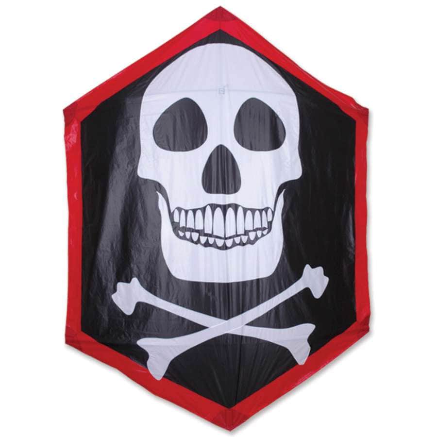 Rokkaku kite with skull and crossbones graphic, strong carbon frame, and ripstop polyester for stable flight in 4 to 18 mph wind. Fun and bold pirate style.