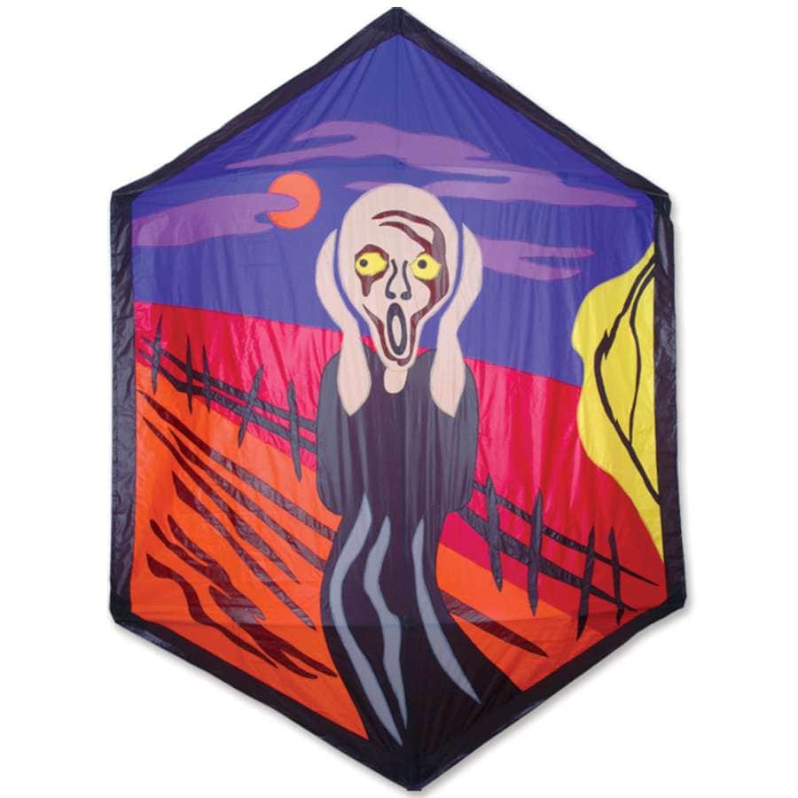Rokkaku kite with Edvard Munch’s The Scream painting, carbon frame, ripstop polyester, and stable flight in 4 to 18 mph wind. Ideal for art lovers and flyers.