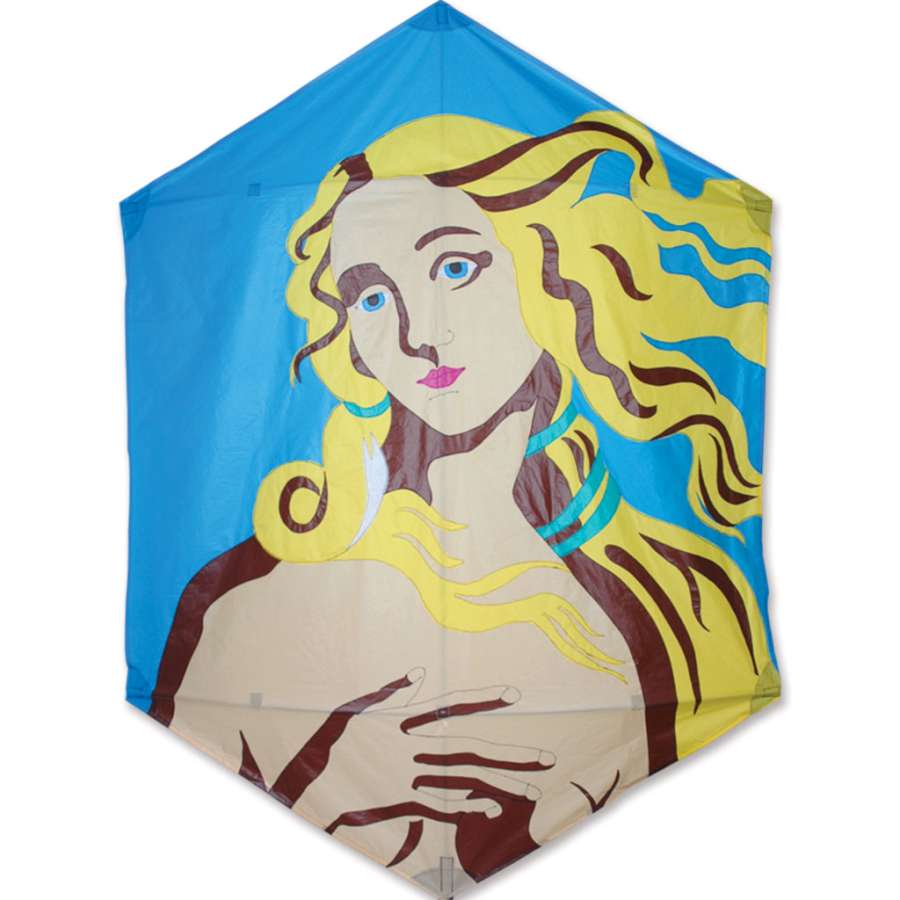 Rokkaku Kite - Venus, 63x78 inches, featuring vibrant colors and an aerodynamic shape, soaring against a clear blue sky.