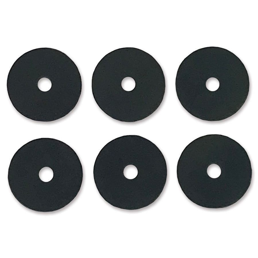 Set of six rubber stoppers for garden flags designed to keep flags secure on standard garden flag poles in an outdoor setting.