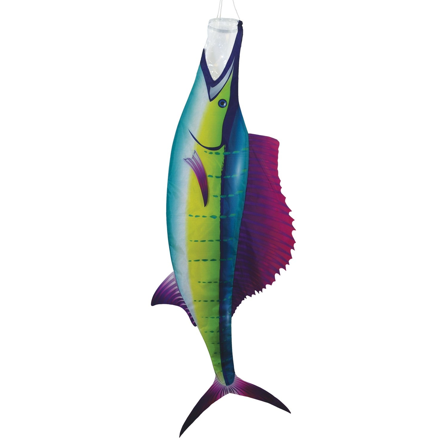 Sailfish 50 inch Fish Windsock hanging from a dock, showcasing vibrant colors and realistic design of sailfish in motion.