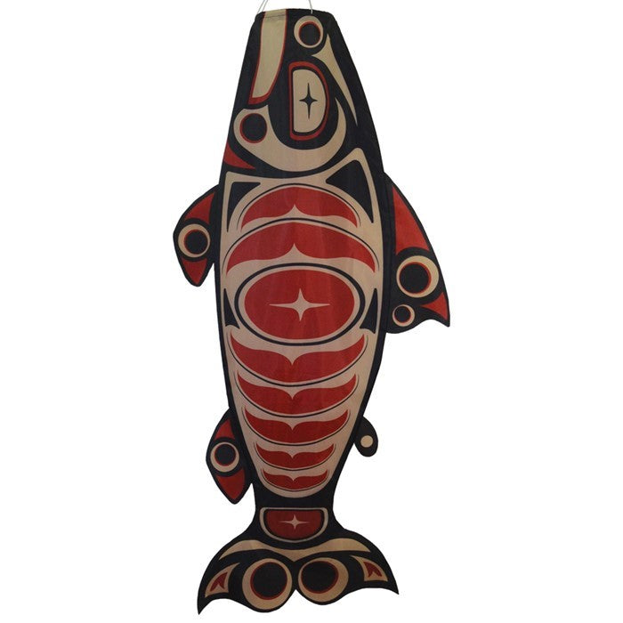 Salmon Totem 48' Fish Windsock featuring vibrant printed patterns hanging outdoors, gently fluttering in the breeze.