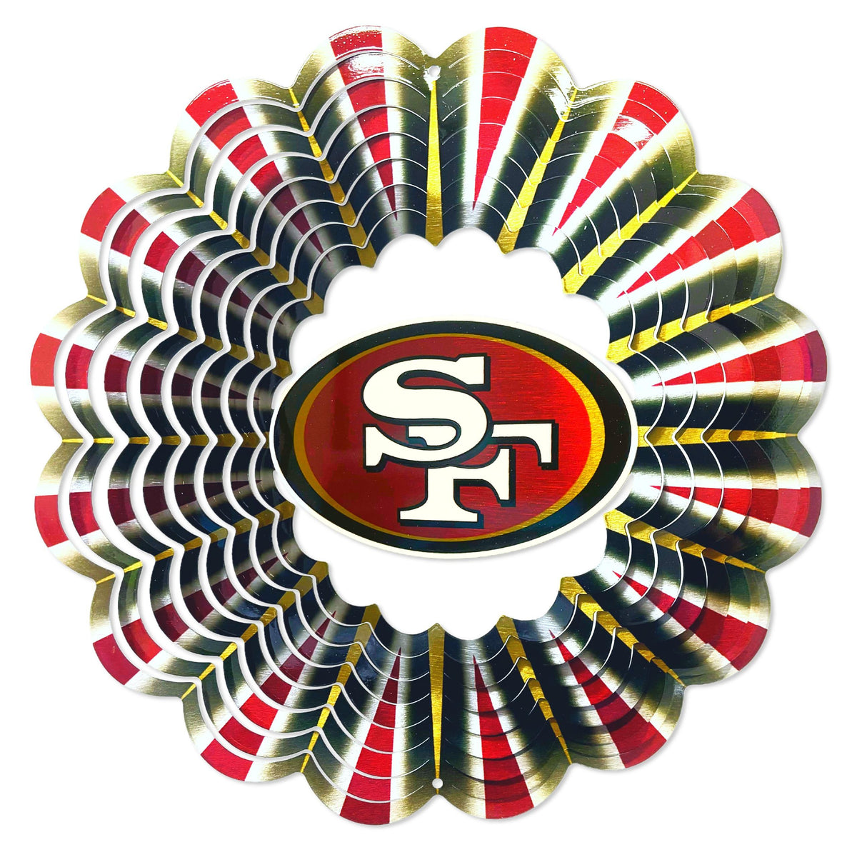 San Francisco 49ers wind spinner featuring bold team graphics, displayed in a garden setting under a bright sky, catching the wind beautifully.