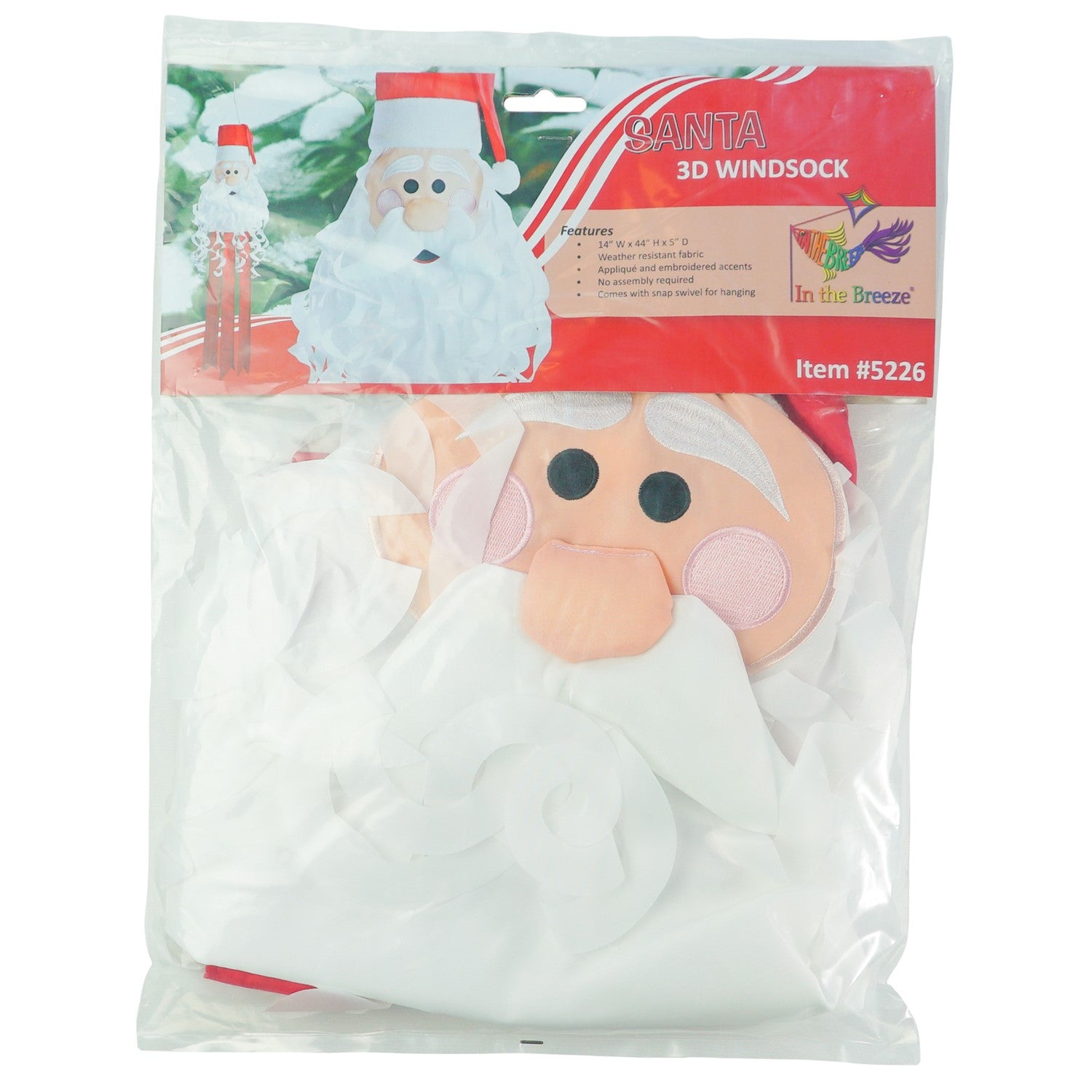 Santa 3D Windsock featuring a cheerful Santa face with curly beard and textured hat, hanging decoratively outdoors in a festive setting.