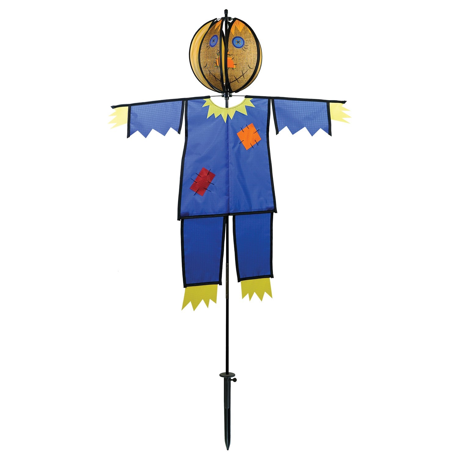 Colorful Scarecrow Ground Ball Spinner spinning in a garden setting, showcasing a friendly face with vibrant colors and durable design.