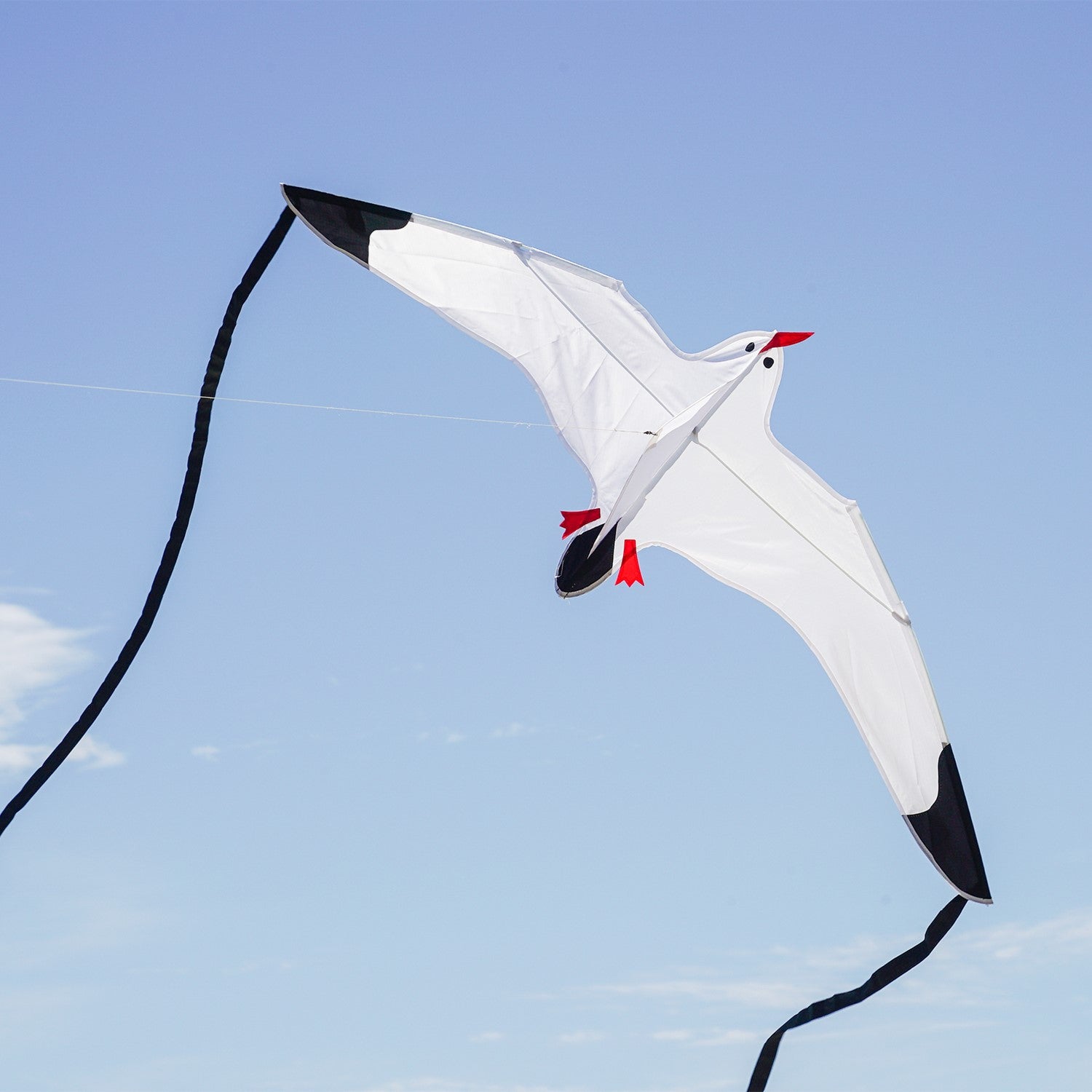 Seagull Kite with detailed design and black streamer tails soaring against a blue sky during outdoor activity, perfect for family fun.
