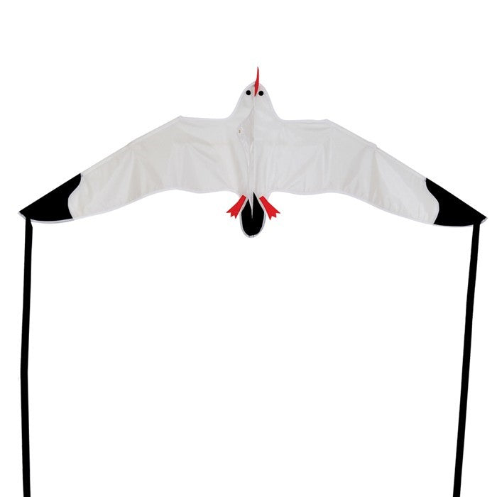 Seagull Kite with detailed design and black streamer tails soaring against a blue sky during outdoor activity, perfect for family fun.