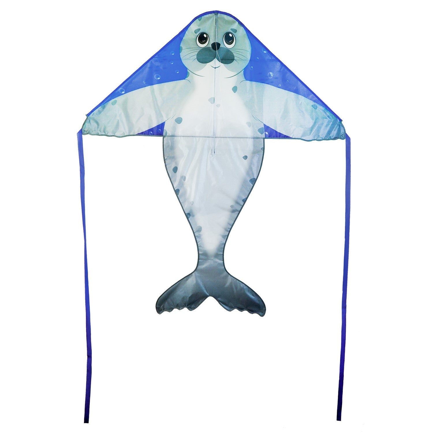 Seal 46 inch Fly-Hi Kite featuring a colorful sea life design soaring in the blue sky with streamer tails fluttering behind.