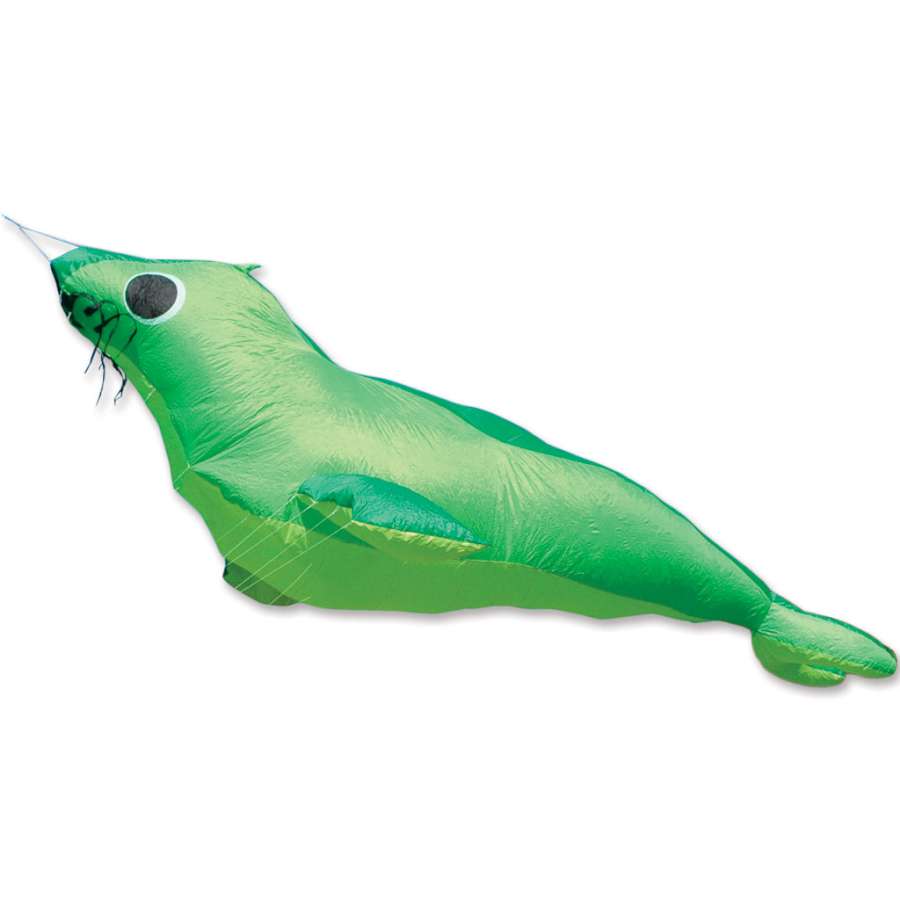 Green Seal Kite designed by Bernhard Dingwert, displaying a playful seal design soaring in the sky with a 19.5-foot wingspan.