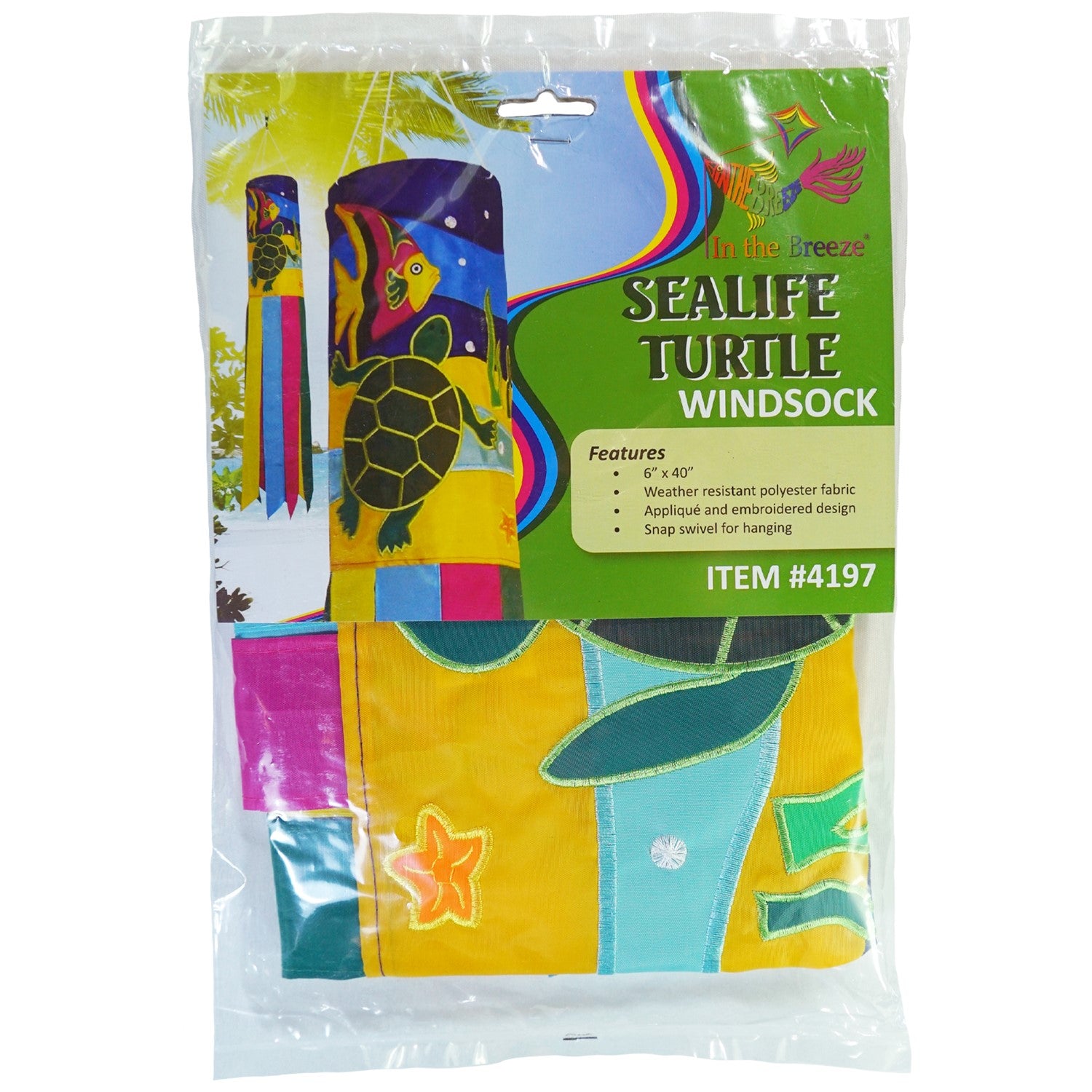 Sealife Turtle 40-inch windsock with bright colors and appliqued graphics, featuring a turtle design and fluttering tails displayed in an outdoor setting.