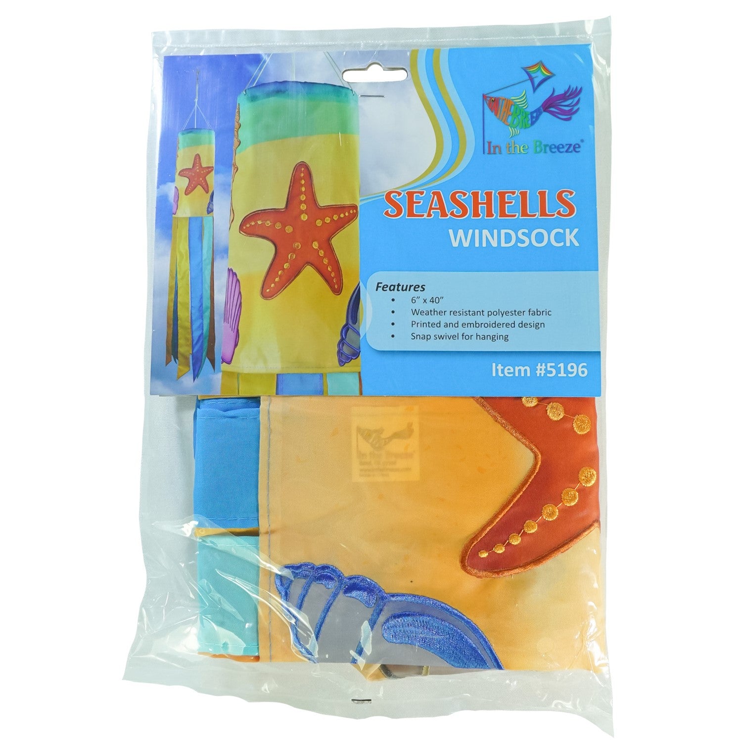 Seashell 40-inch windsock featuring colorful applique designs and tails fluttering outdoors, adding a coastal charm to any garden space.