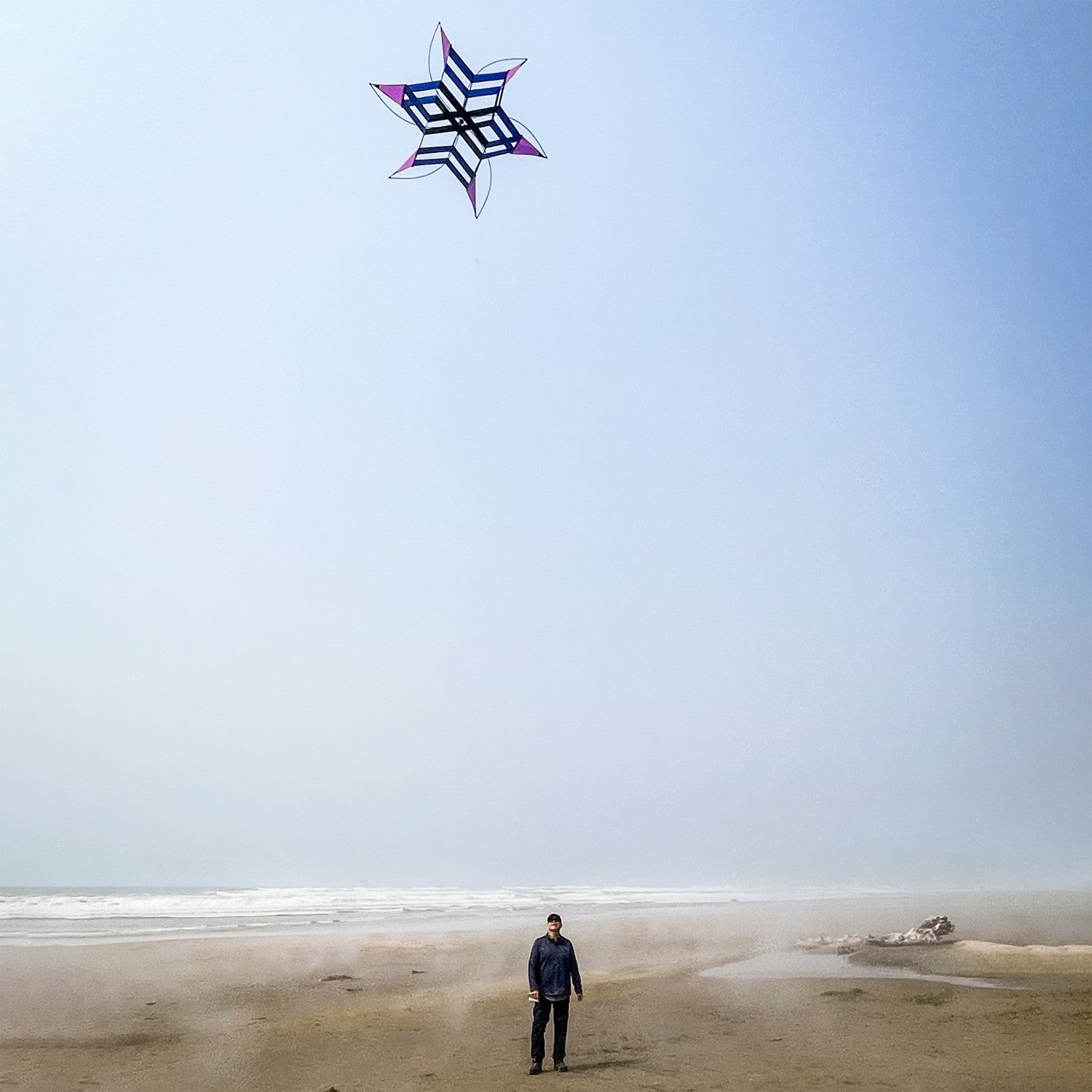 Shadow Cosmic Hex Kite soaring against a blue sky, showcasing its colorful design and cellular structure.