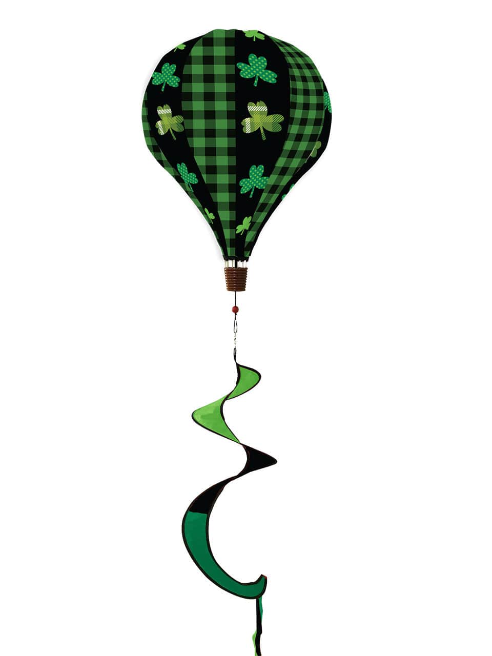 St. Patrick’s Day hot air balloon spinner with shamrock graphics, bold greens, and durable spinning design for festive outdoor holiday garden décor.