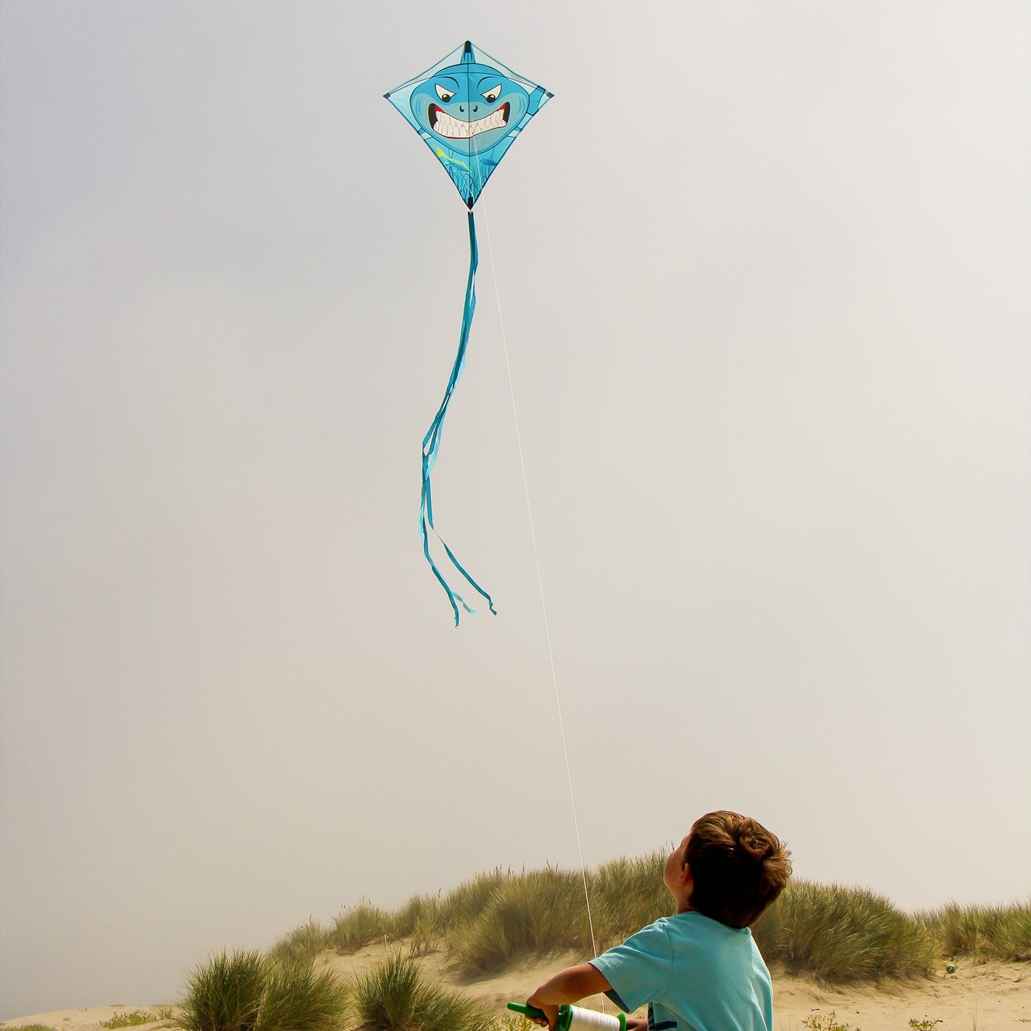 Shark 30" Diamond Kite with vibrant great white shark design flying high against a clear blue sky, showcasing its color-coordinated tails.