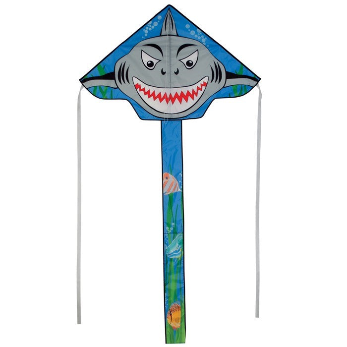 Shark Attack 45' Fly-Hi Kite featuring a Great White shark design soaring against a clear blue sky during a family outing in a park.