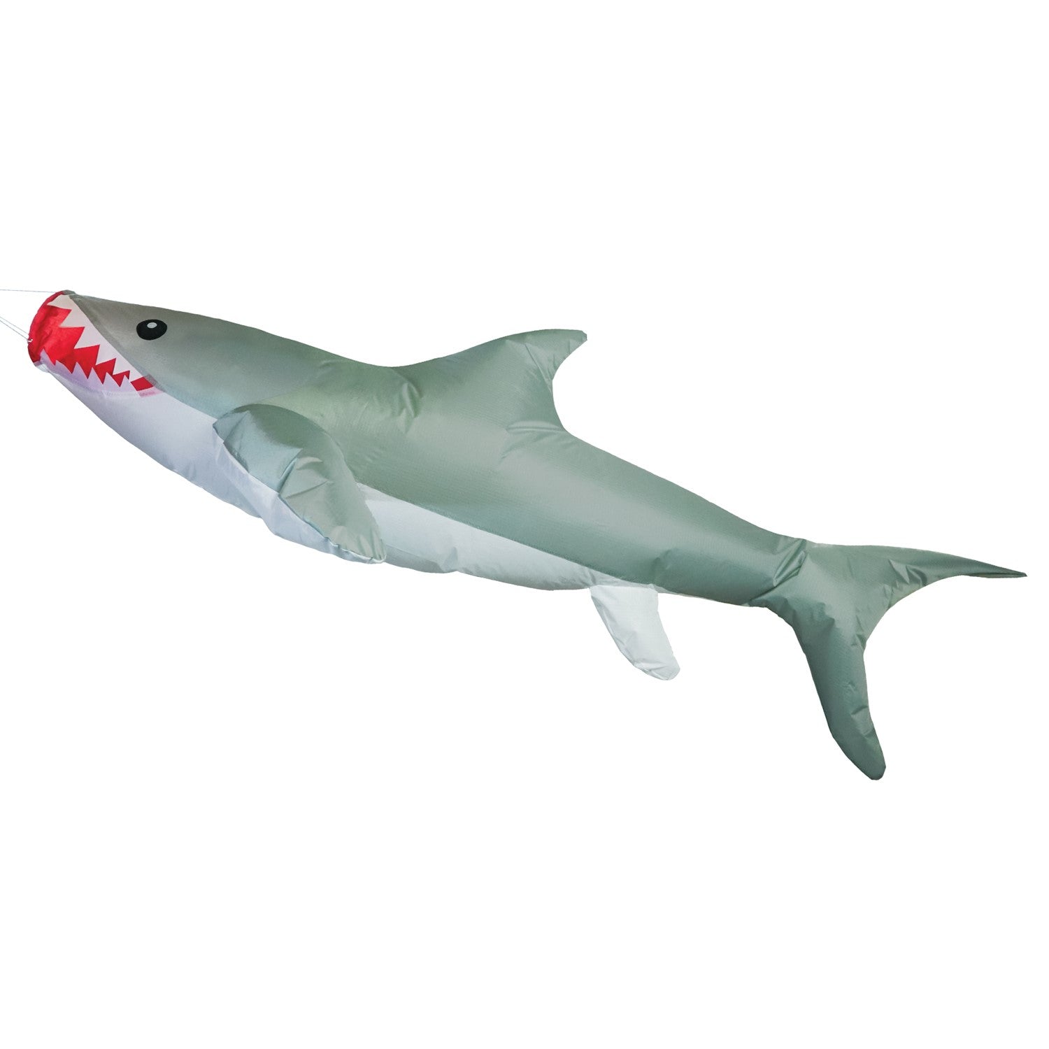3D Shark Big Breeze WindsockTM in vibrant colors swaying in the breeze, designed for outdoor decoration and line laundry.