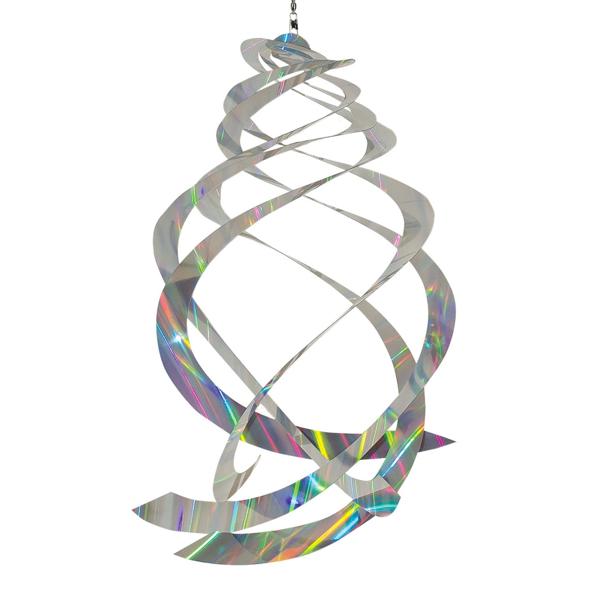 Sheen Crystal Spinner made of holographic Mylar, featuring five spinning blades reflecting rainbow colors, hanging in a garden with sunlight.