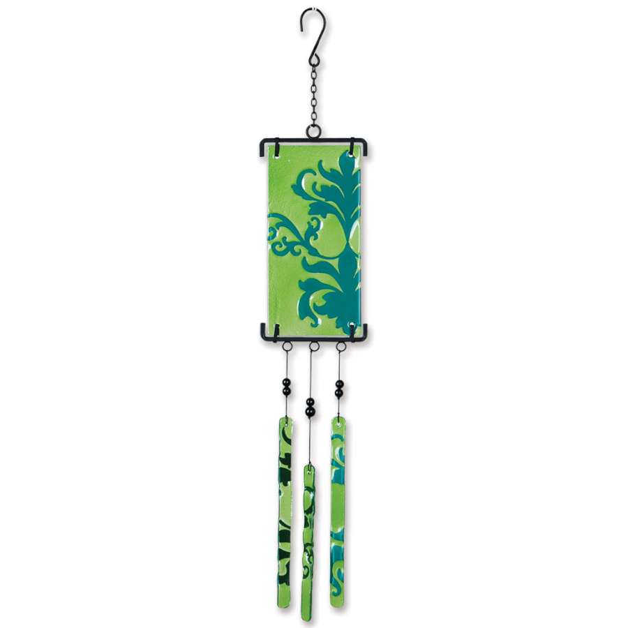 Silhouette Glass Wind Chime - Brocade displaying intricate patterns of hand-painted glass hanging elegantly in a garden.