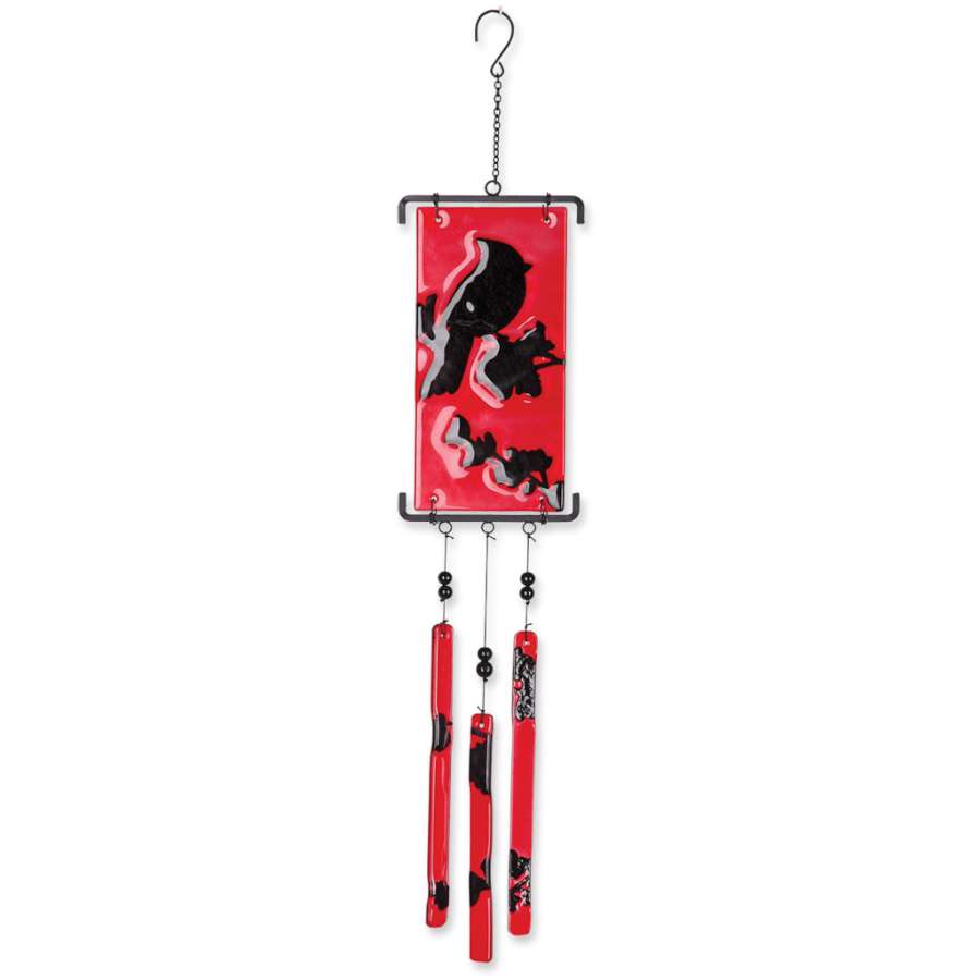 Silhouette Glass Wind Chime featuring cardinal silhouettes, elegantly hanging outdoors, casting colorful light and shadows in a serene garden setting.