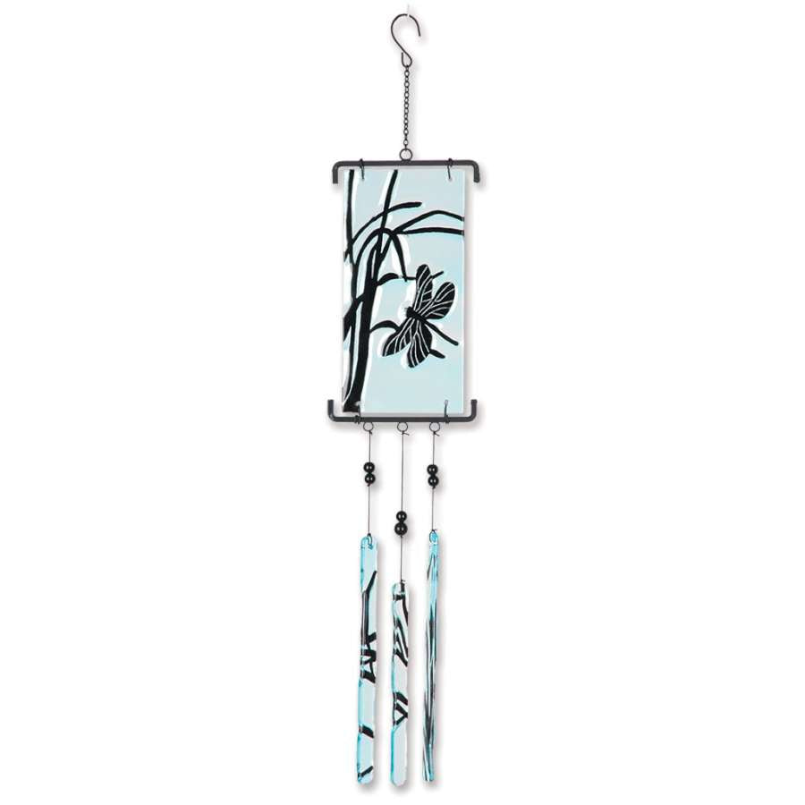 Silhouette Glass Wind Chime featuring a dragonfly design, hanging elegantly in an outdoor setting, casting colorful light patterns.