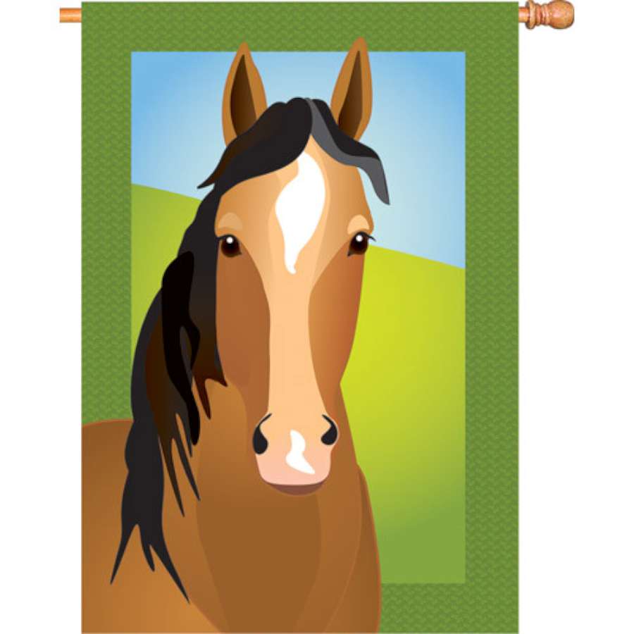 Silly Filly 28 in. flag with a vibrant horse design, displayed on an outside flag pole in a colorful garden setting.