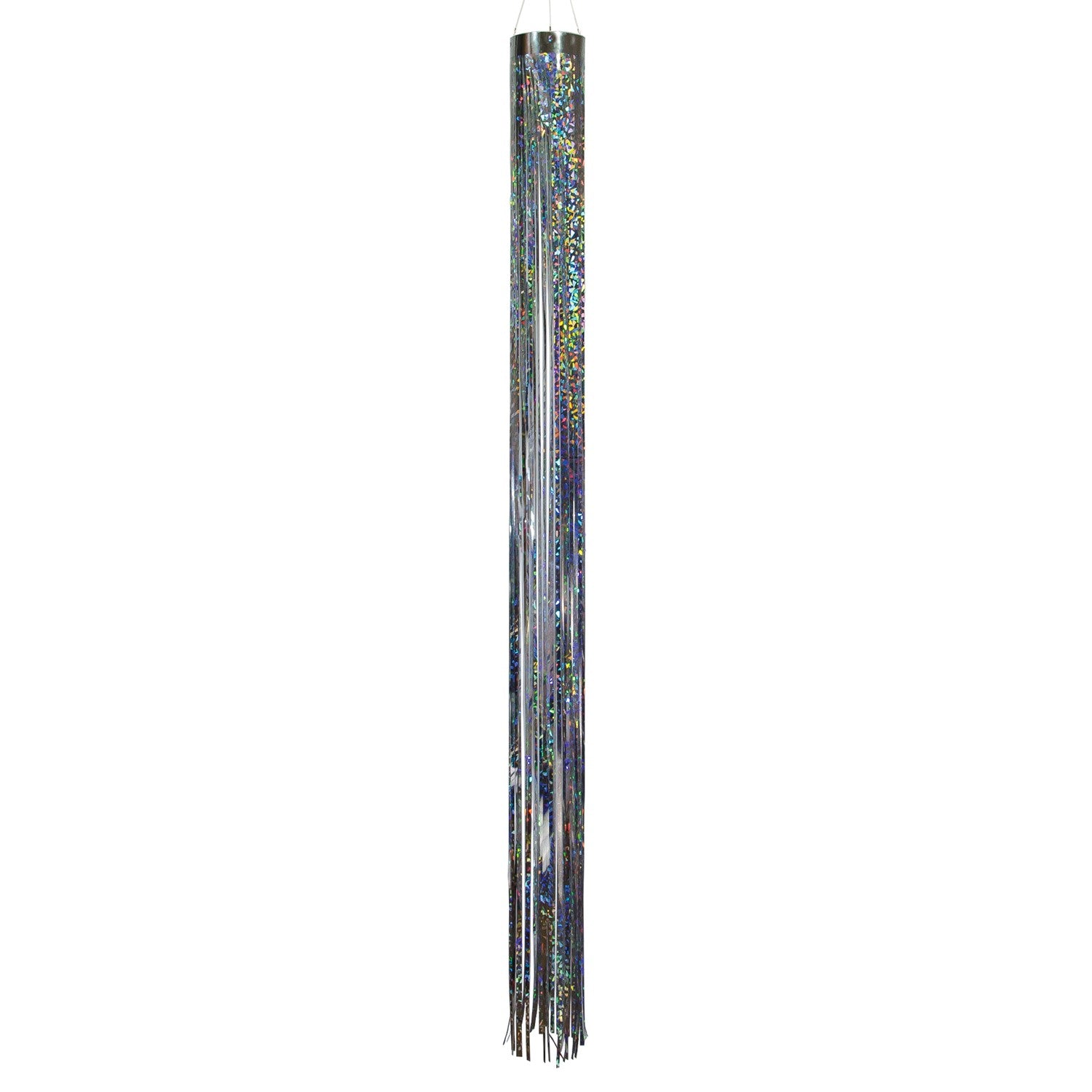 Silver 51" Mylar windsock fluttering elegantly in a garden, showcasing its bright holographic design under the sunlight.